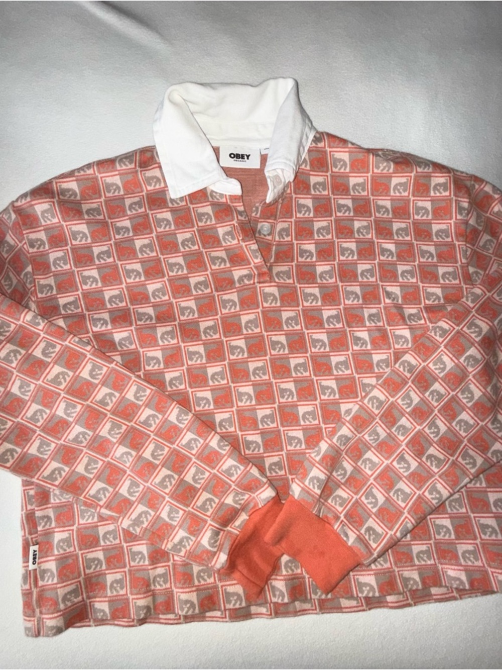 Obey Andre the Giant Orange Patterned Crop Rugby Shirt Rare